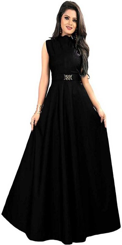 Solid Satin Blend Stitched Anarkali Gown  (Black)
